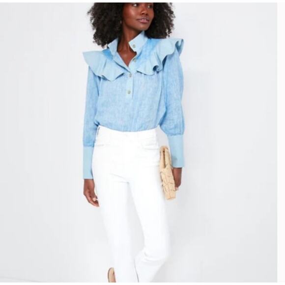 Tuckernuck Mirabella Ruffle Bib Linen Cotton Button Blouse Blue Chic Top M - Picture 1 of 9